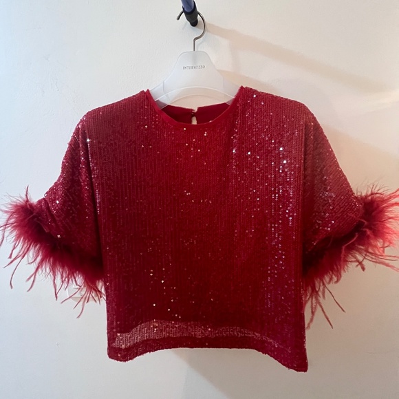 Lucy Paris XS Sequin Red Feather Short Top Kimono Sleeve Oversized $ 109CA - Picture 1 of 11